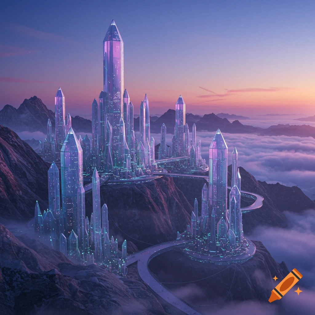 A vibrant crystal city with glowing structures rises from mountaintops, overlooking a sea of clouds at sunrise.