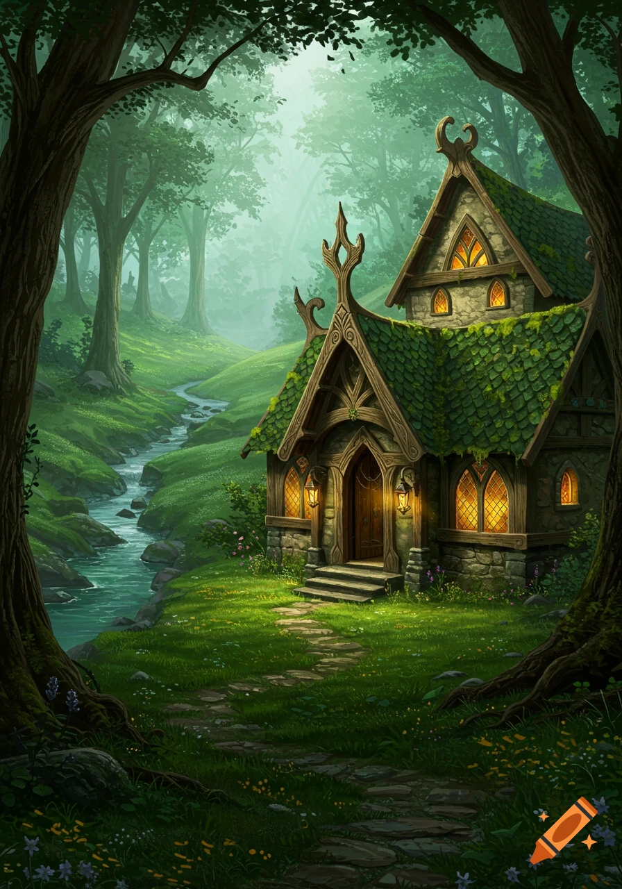 A moss-covered fantasy house with glowing windows sits beside a winding stream in a lush, misty green forest.