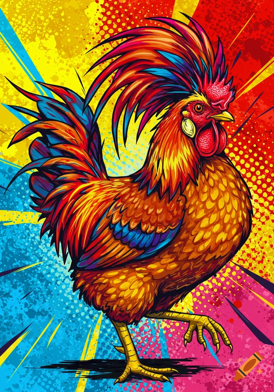 A vibrant pop art illustration of a rooster with multicolored feathers against a dynamic, splattered red, yellow, and blue background.