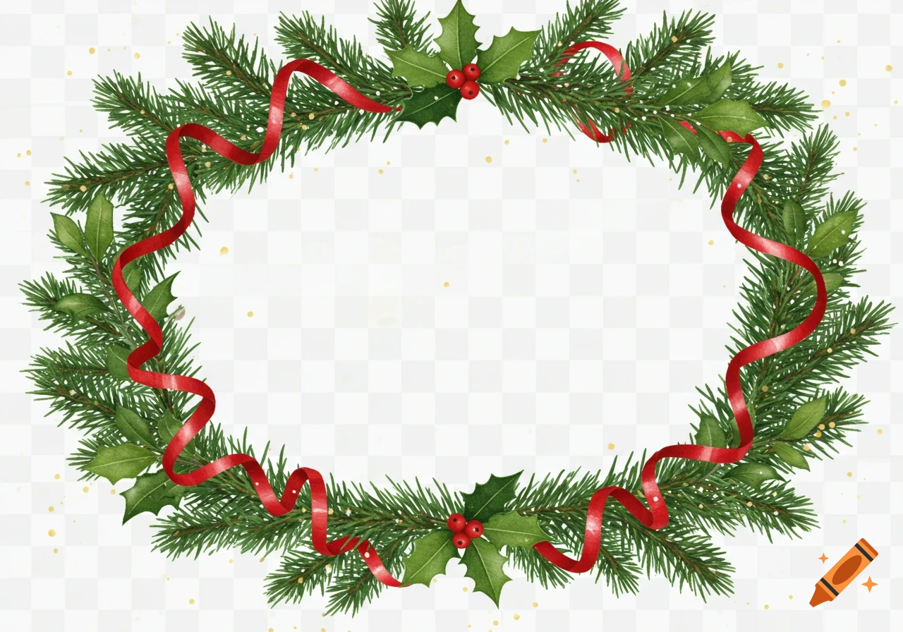 Watercolor Christmas greenery border with red ribbon and holly on a transparent background.
