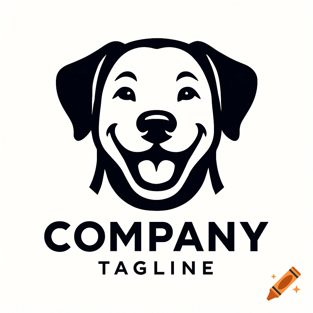 Black and white happy dog face logo with text 'COMPANY TAGLINE'.