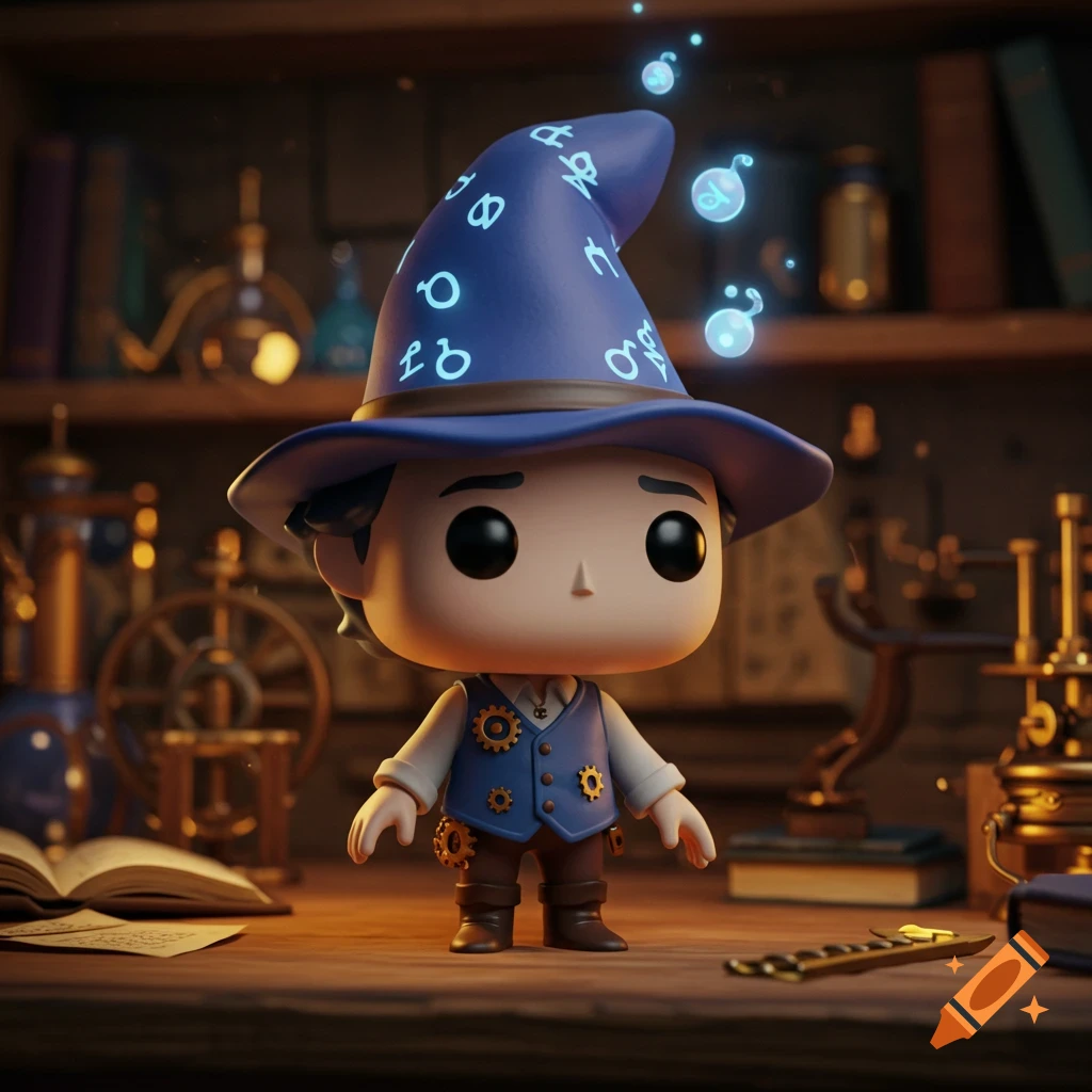 A Funko Pop-style wizard figurine in a blue hat with glyphs and a geared vest stands on a wooden desk.