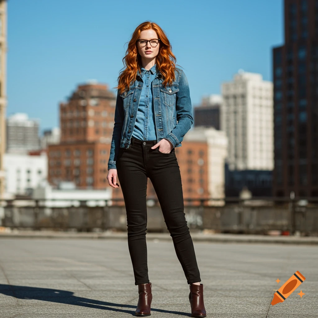 A fashionable redhead woman in glasses, denim jacket, denim shirt, black skinny jeans, and brown boots stands on a city rooftop.