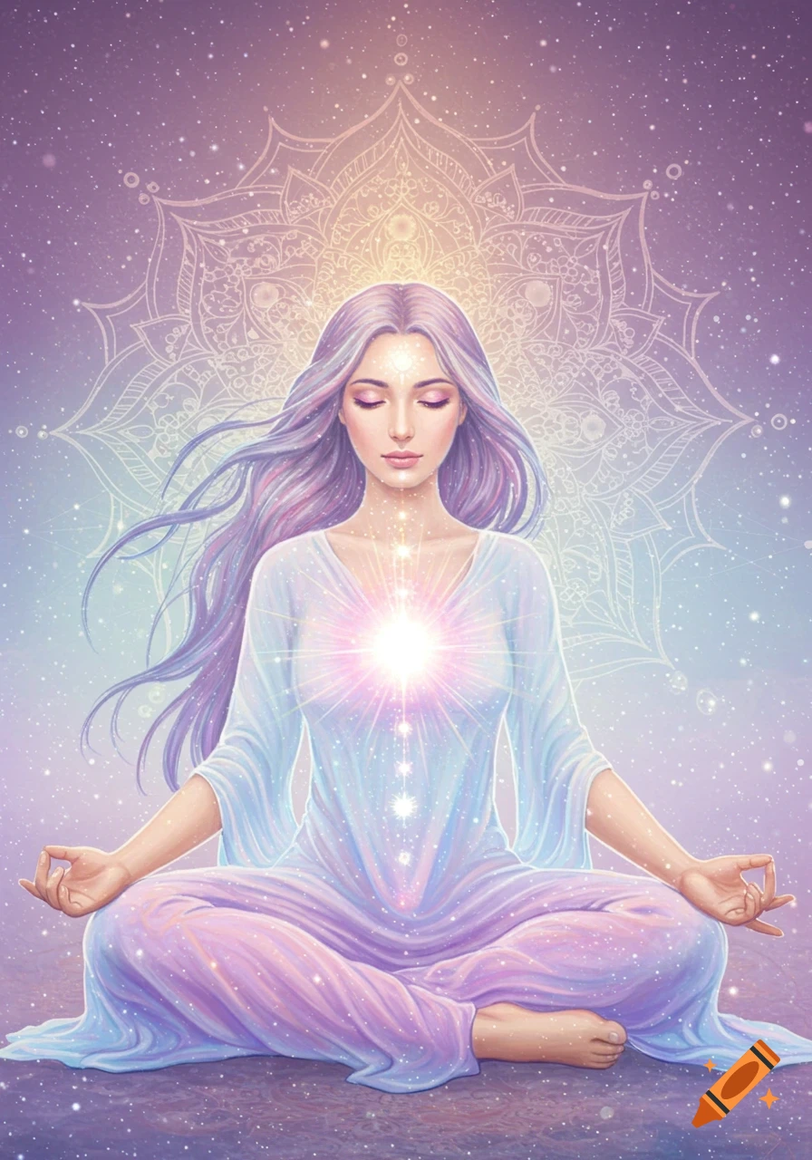 A serene woman with long lavender hair meditates in a lotus pose, glowing with ethereal light against a starry, pastel mandala background.