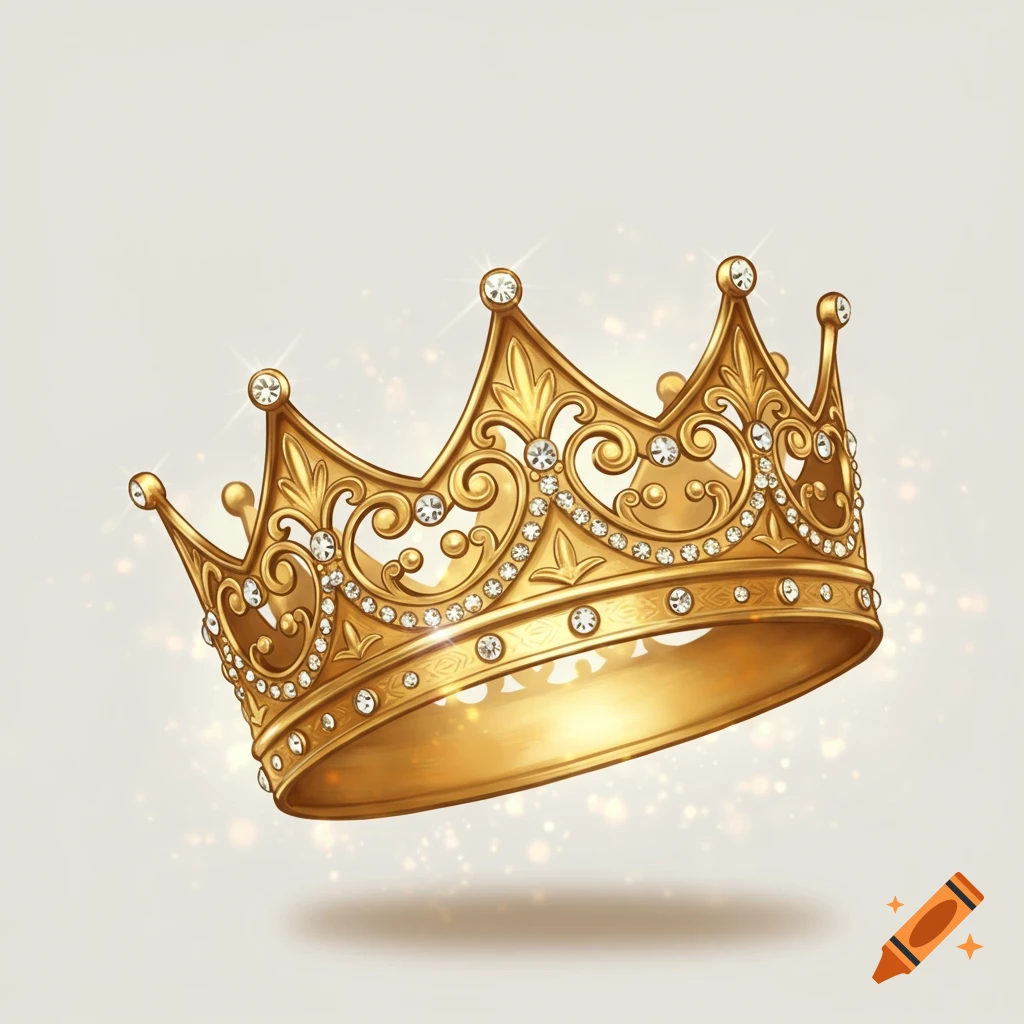 A sparkling golden crown adorned with numerous diamonds, floating on a light background with subtle glitter.