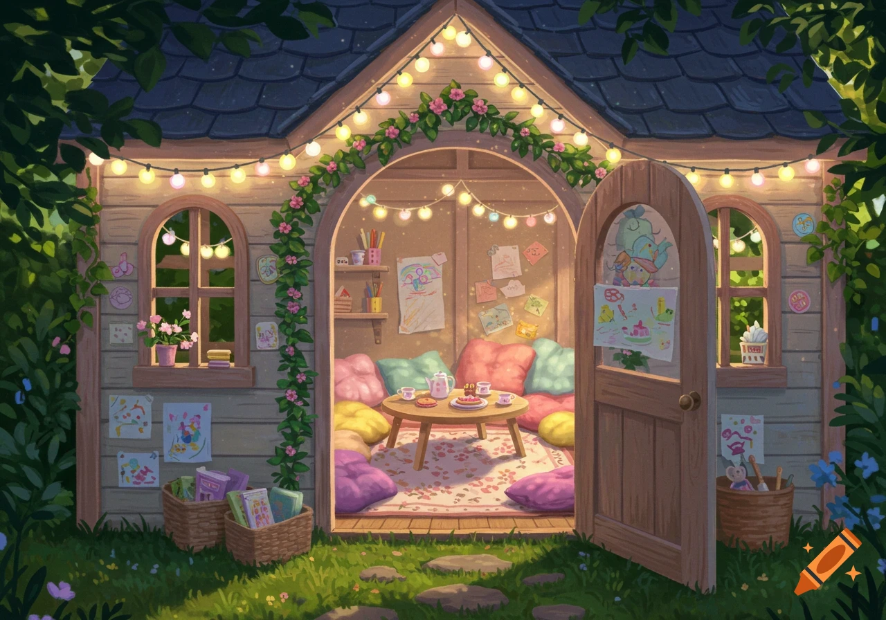 A whimsical child's cubby house in a garden, decorated with glowing fairy lights and flowers. Inside are colorful cushions and a table with tea.