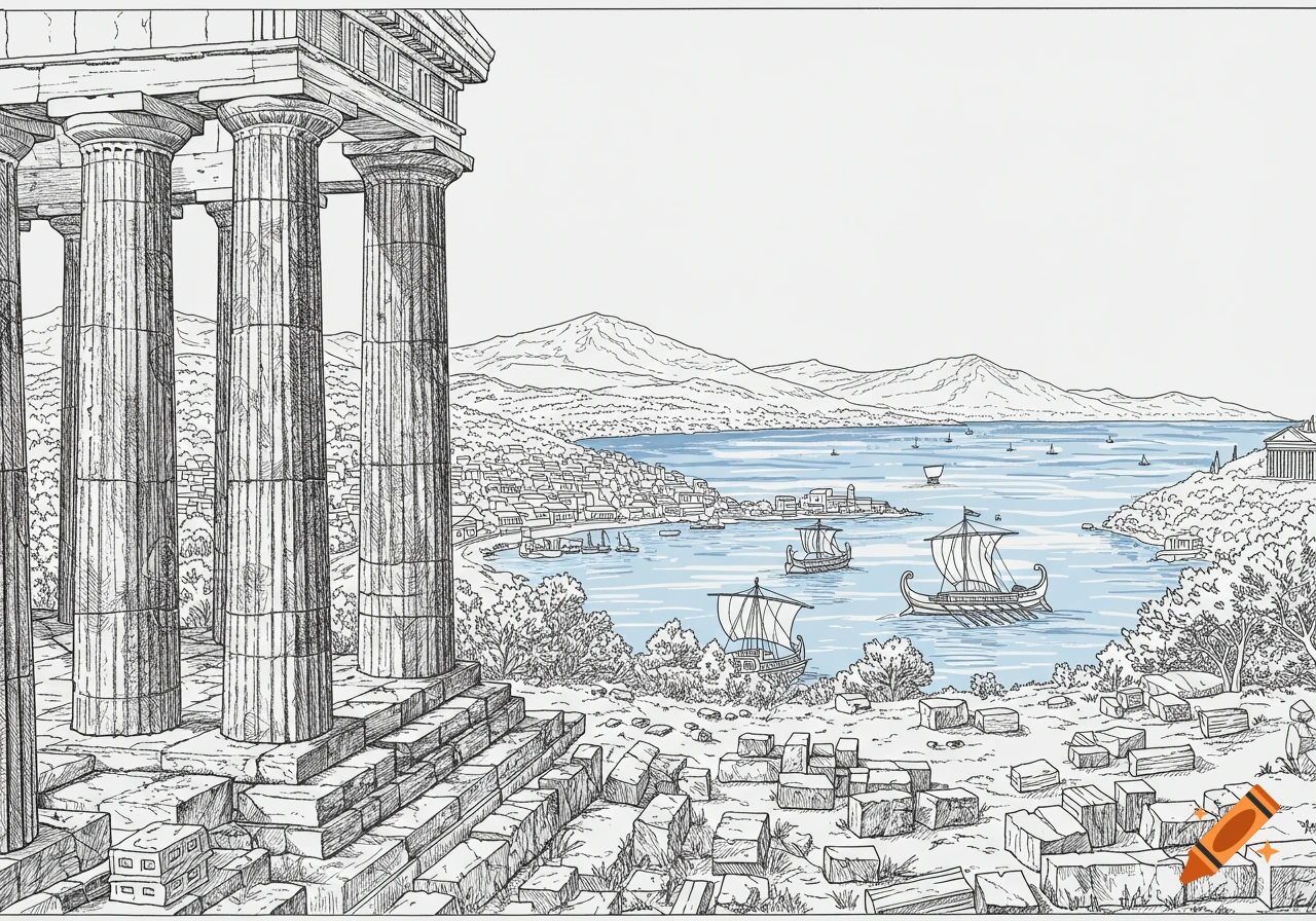 Coloring book style illustration of ancient Corinth: tall stone columns, Greek ships in a blue harbor, coastal town, and mountains.