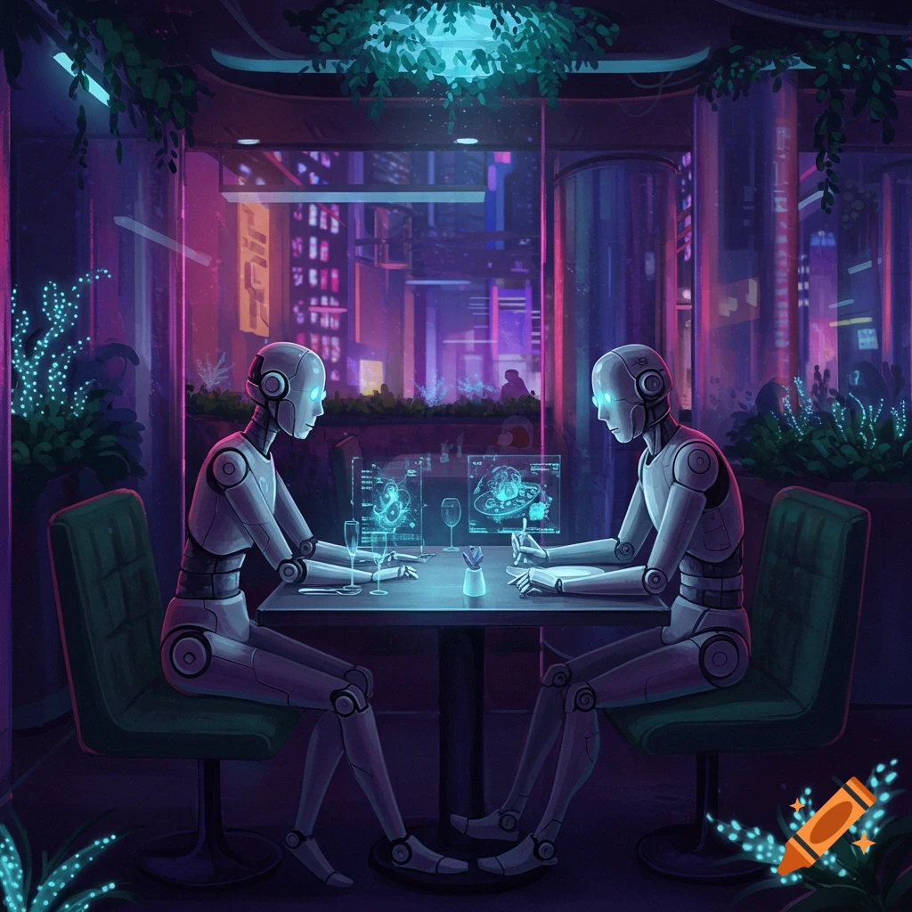 Two robots on a date in a futuristic, neon-lit restaurant with holographic menus, showcasing a cyberpunk aesthetic.