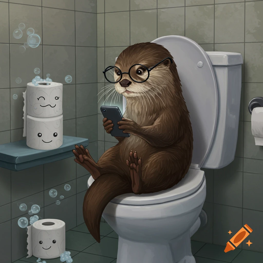 A cartoon otter wearing glasses sits on a toilet, looking at a smartphone, with toilet paper rolls featuring funny faces nearby.