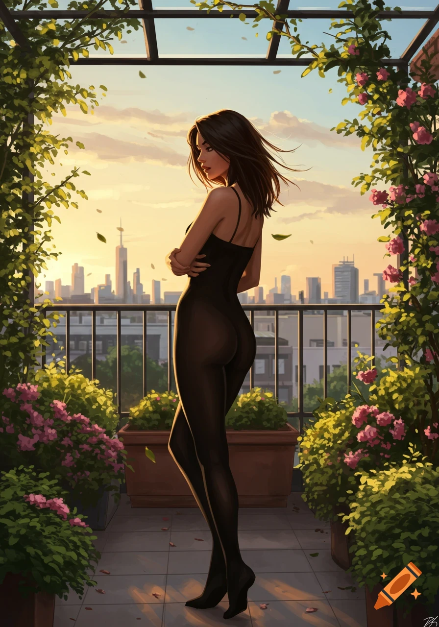 Digital art of a woman in black tights on a lush balcony overlooking a sunset city skyline.