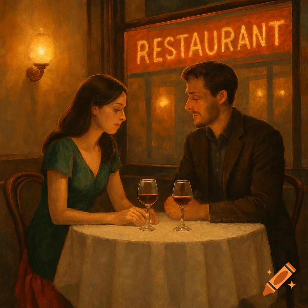 A couple on a romantic dinner date at a restaurant, lit by warm indoor light and a neon 'RESTAURANT' sign outside, in a painterly style.