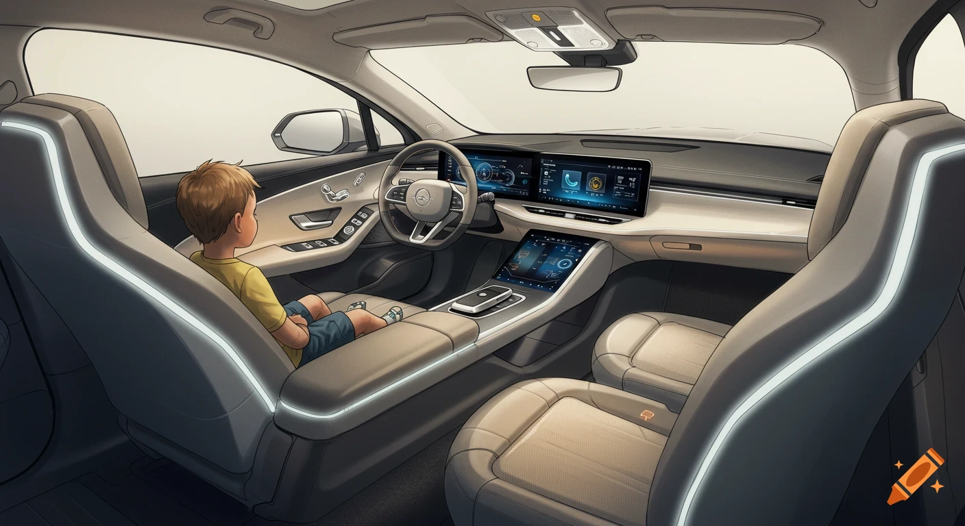 A child in a futuristic car interior with glowing accents and digital dashboard displays, rendered in a clean illustration style.
