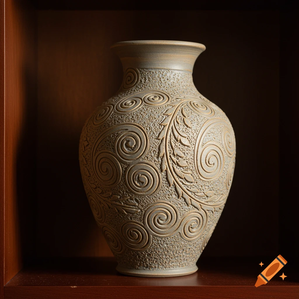 Close-up of a handcrafted ceramic vase with intricate spiral and leaf patterns on a wooden shelf in a well-lit room.