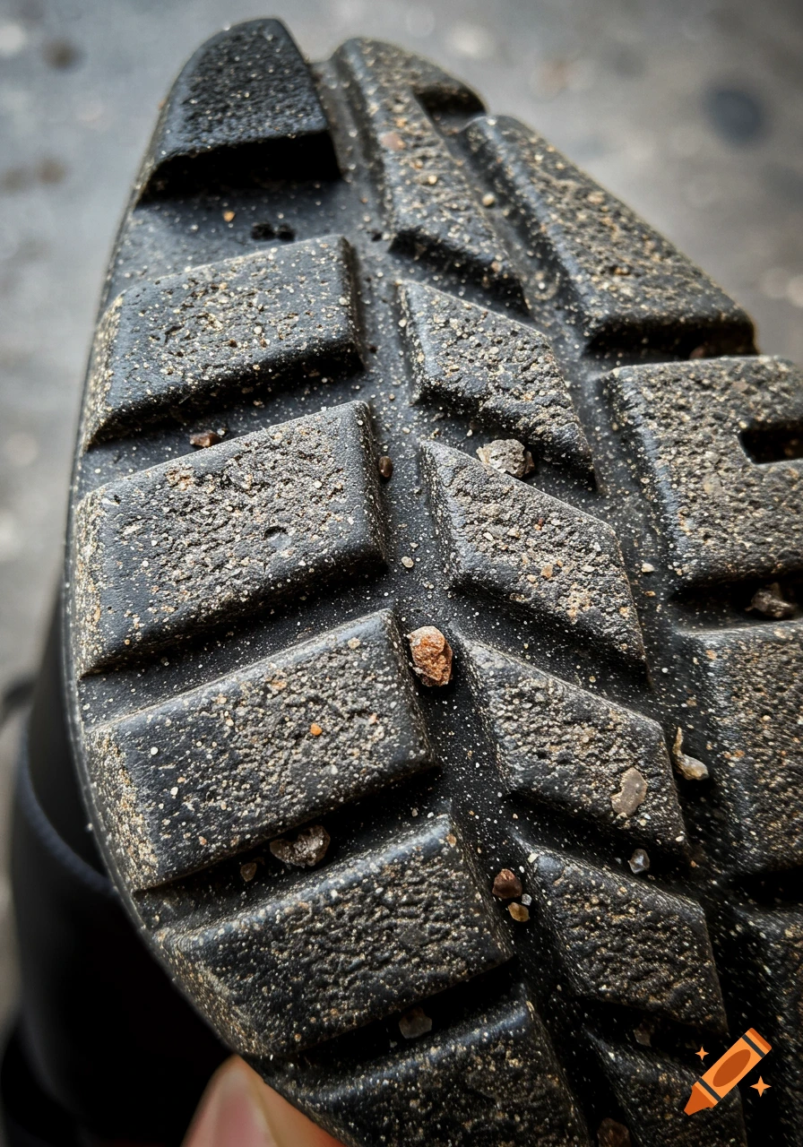 Extreme close-up macro photograph of a dirty, worn black shoe sole with textured treads, embedded dirt, and small pebbles.