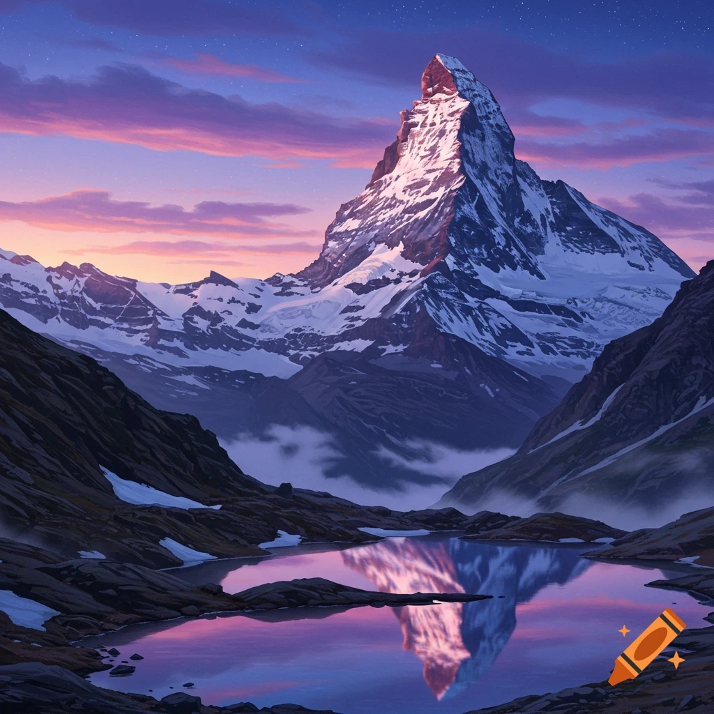 A majestic snow-capped mountain reflects in a still lake under a vibrant purple and blue sunset sky.