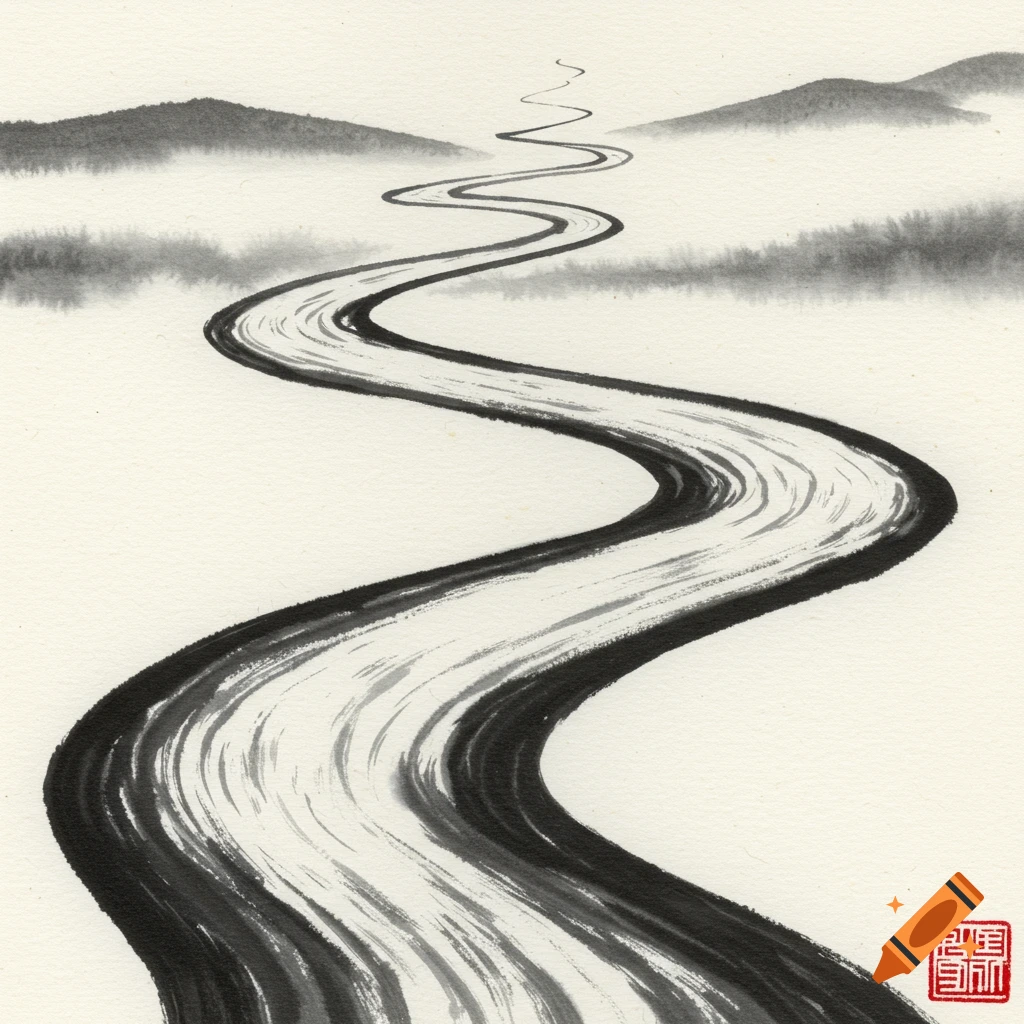 A winding black ink path or river meanders through a minimalist sumi-e landscape with misty mountains.