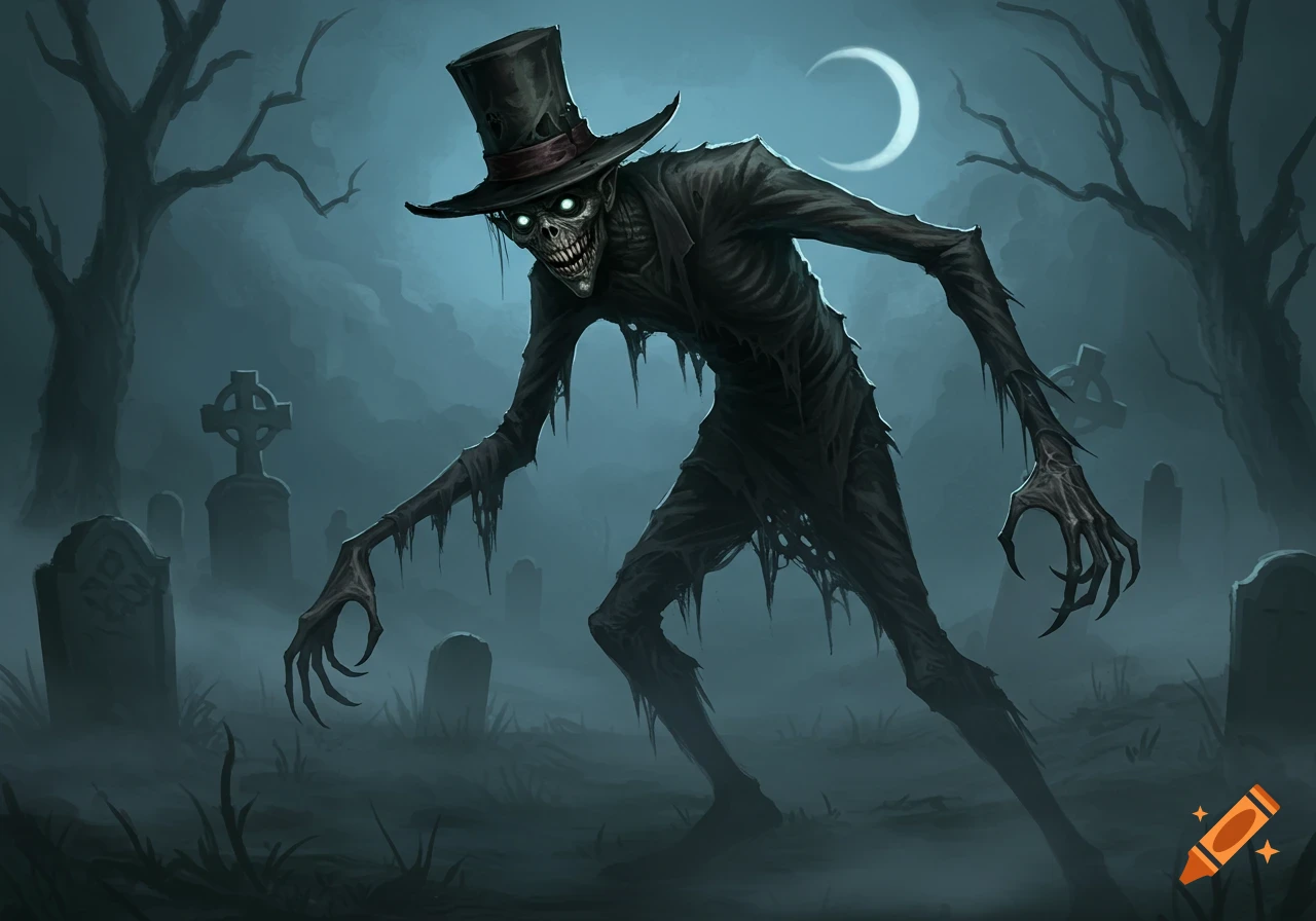A creepy skeletal monster with glowing eyes and a top hat stands in a misty graveyard under a crescent moon, digital art.