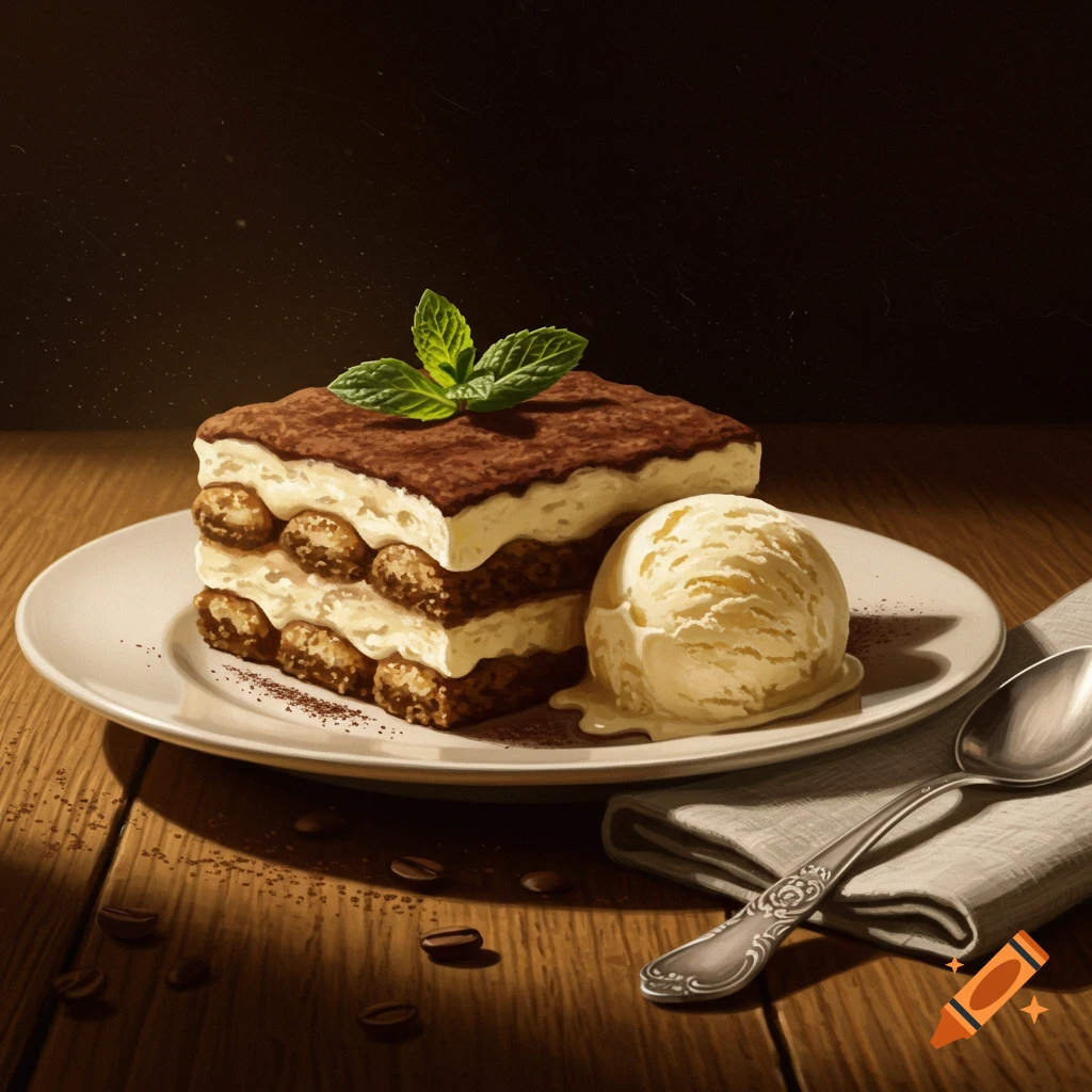 Photorealistic image of a slice of tiramisu with mint and a scoop of vanilla ice cream on a plate on a wooden table.