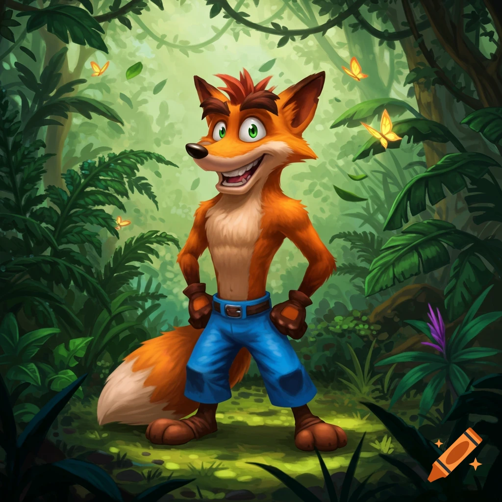 A vibrant, stylized cartoon of an anthropomorphic orange fox in blue pants, resembling Crash Bandicoot, standing in a lush green jungle.