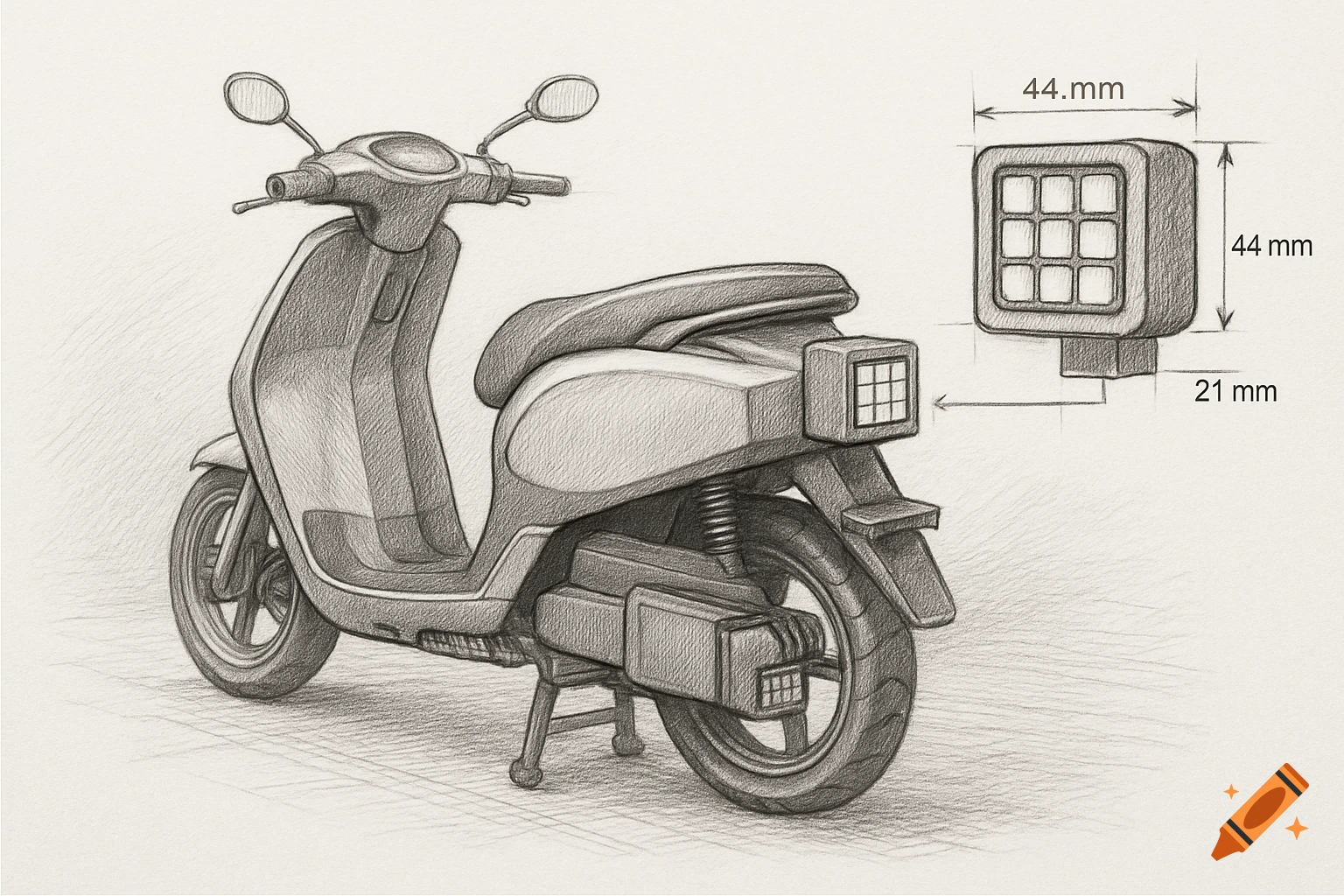 Pencil sketch of a scooter with a square rear light component detailed with dimensions.