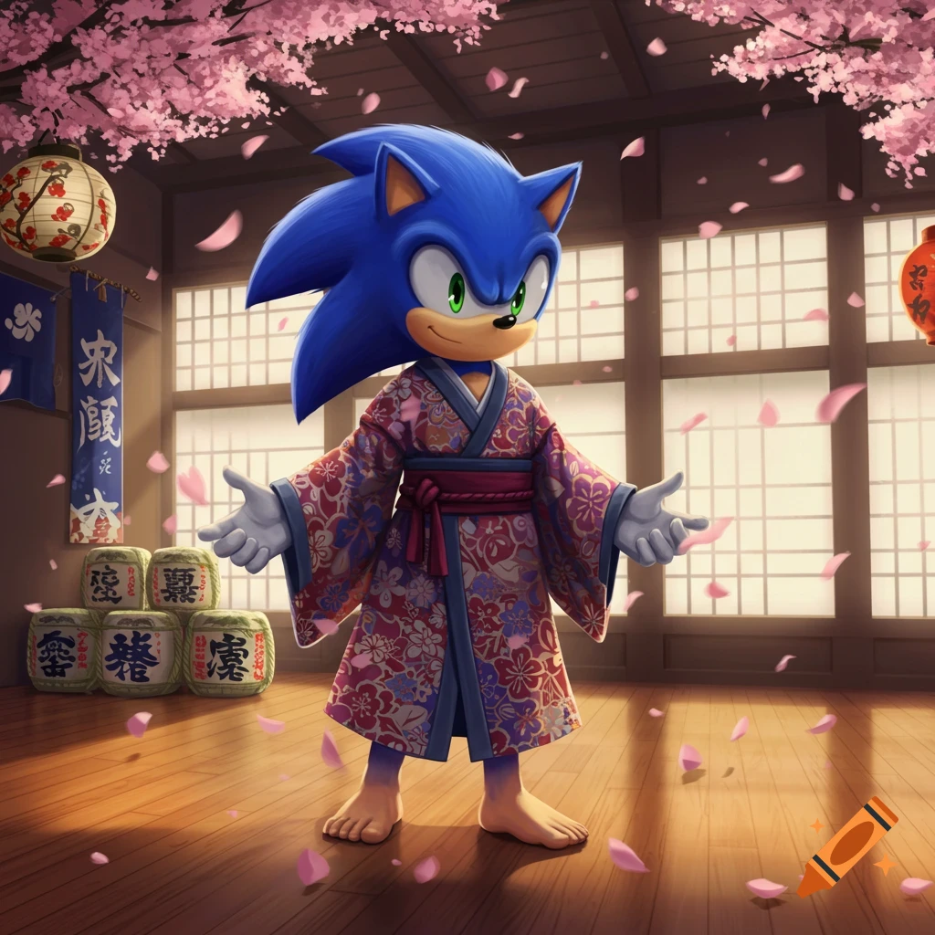 Sonic the Hedgehog in a floral kimono stands barefoot in a traditional Japanese room with cherry blossoms falling, lanterns, and sake barrels.