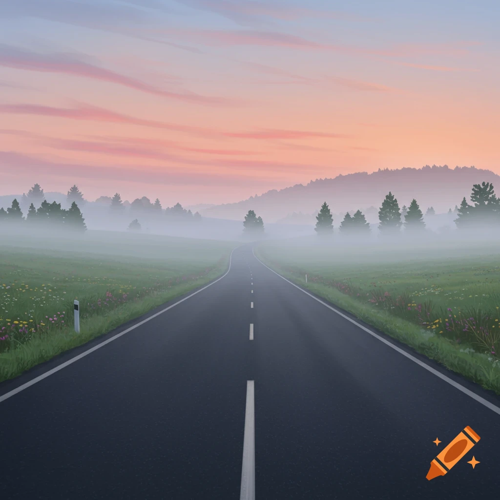 A long, winding road extends through a misty green landscape with trees and wildflowers under a pastel pink and orange sky at dawn.