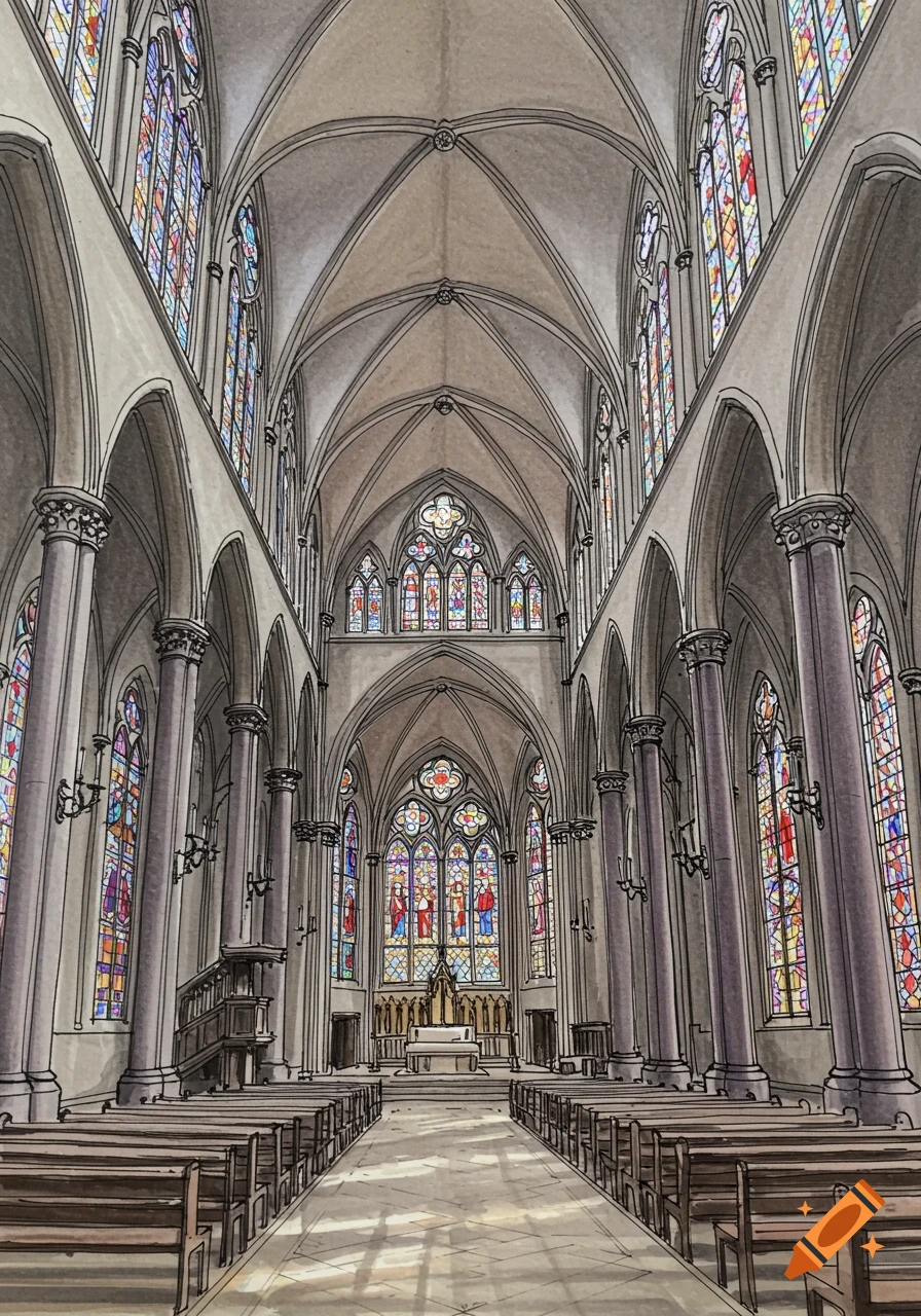 Sketch of a grand cathedral interior with tall arches, columns, and colorful stained glass windows casting light patterns on the floor.