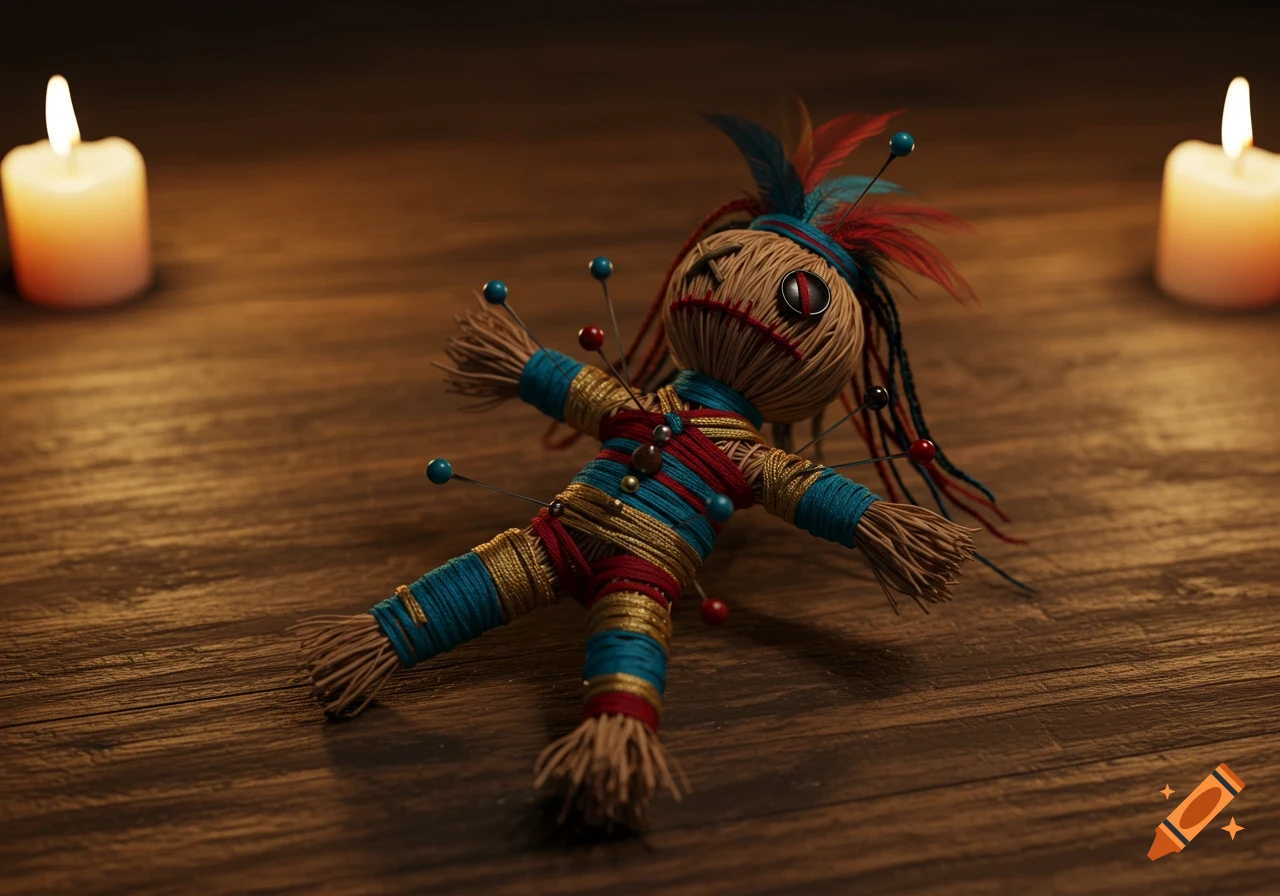 A colorful handmade voodoo doll with pins lies on a rustic wooden table, illuminated by two flickering candles.