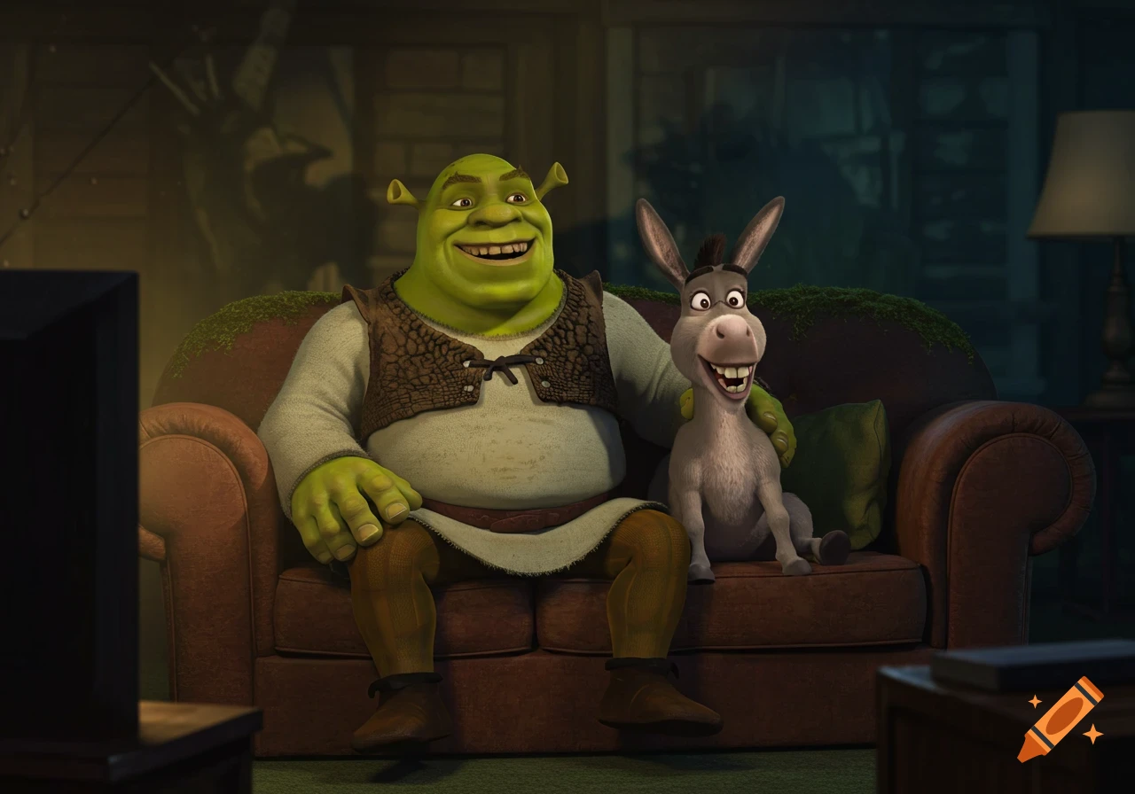 Shrek and Donkey smile while sitting together on a couch watching TV in a dimly lit room.