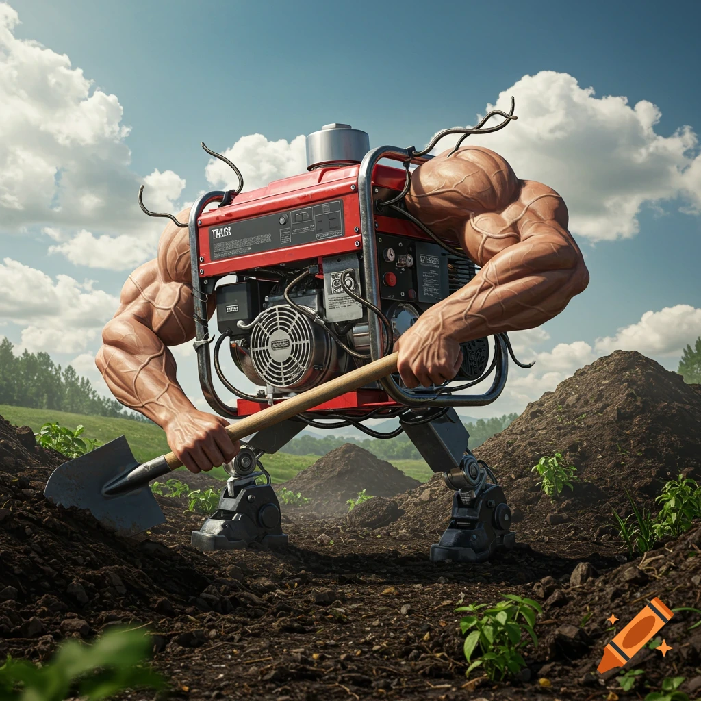 A red gas generator with muscular human arms and mechanical legs digs a shovel into dark soil under a blue sky in a field.