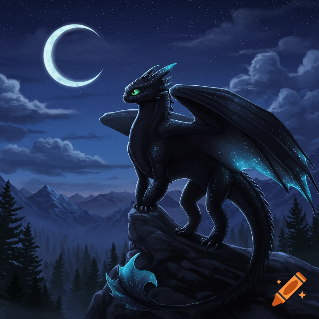 A black dragon with green eyes and glowing blue accents stands on a rock at night, under a crescent moon, overlooking a mountain forest.