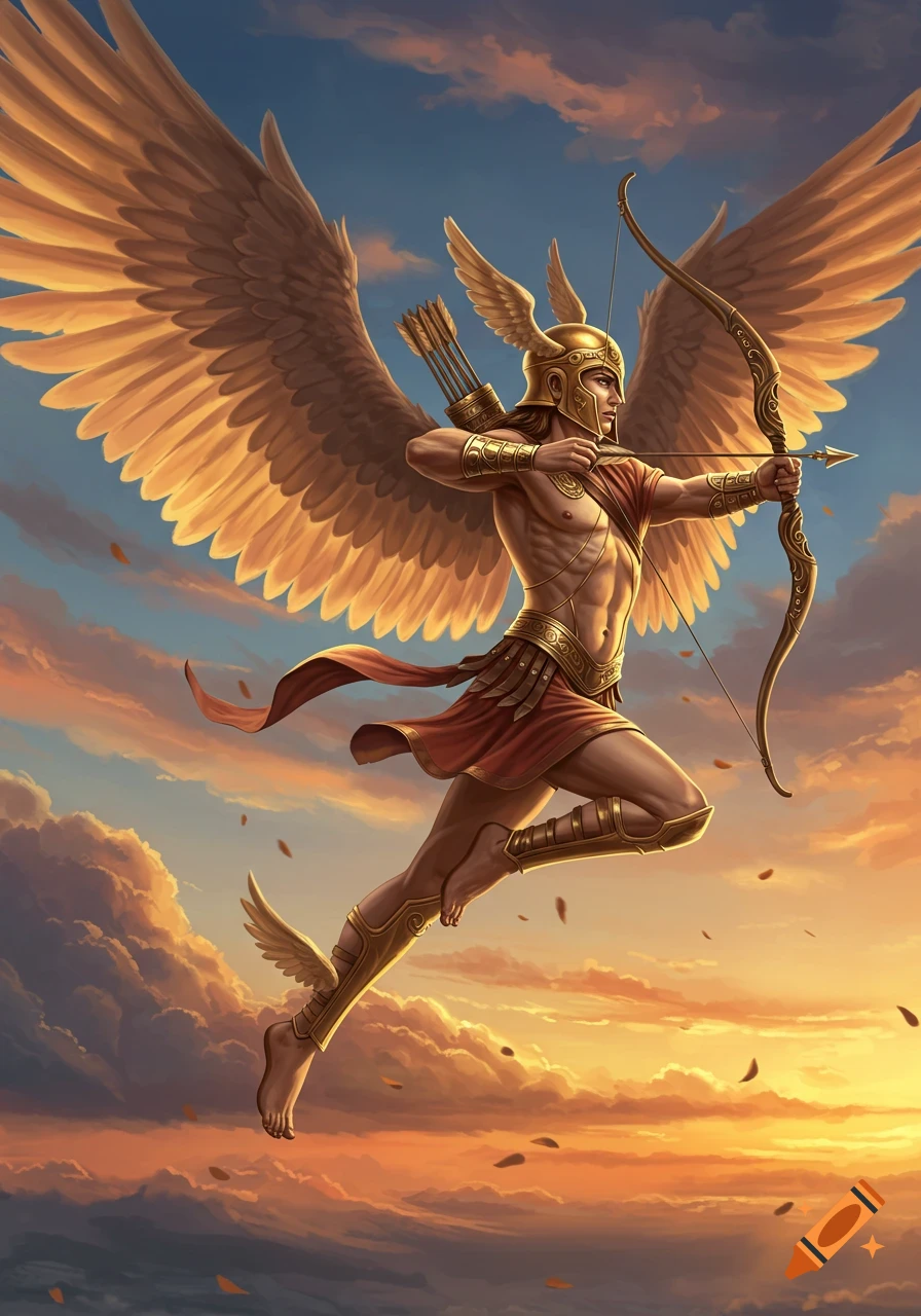 A winged man, resembling Hermes, soars through a golden sunset sky, aiming a bow and arrow.