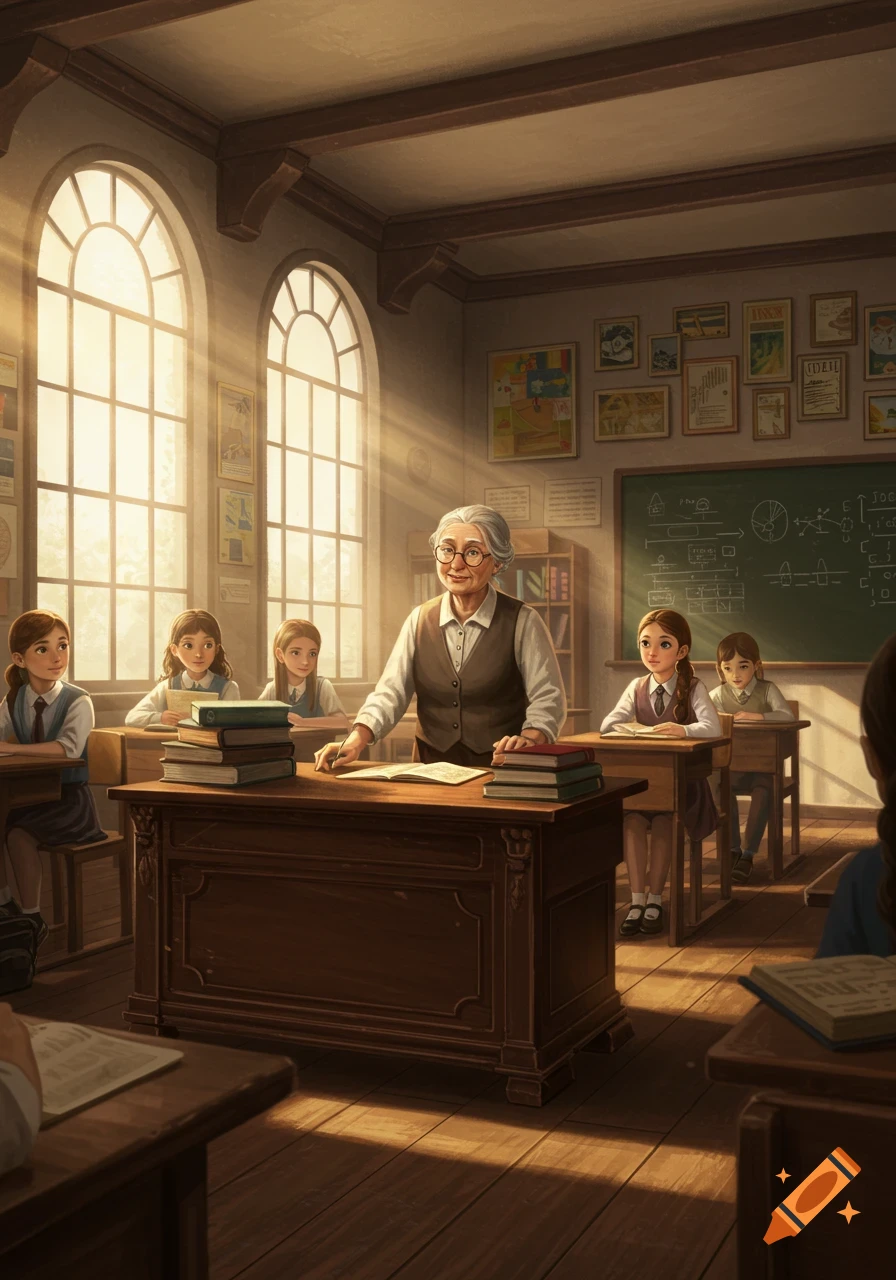 An elderly teacher stands at a wooden desk in a sunny classroom, looking at young female students seated at their desks.