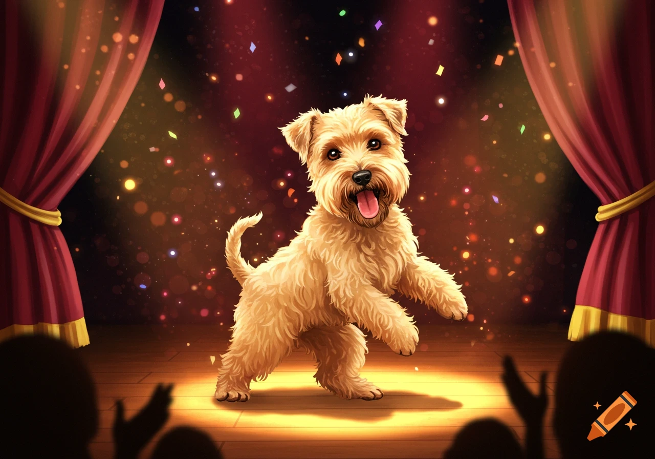 A cheerful cartoon wheaten terrier dances under a spotlight on a stage with red curtains and falling confetti.