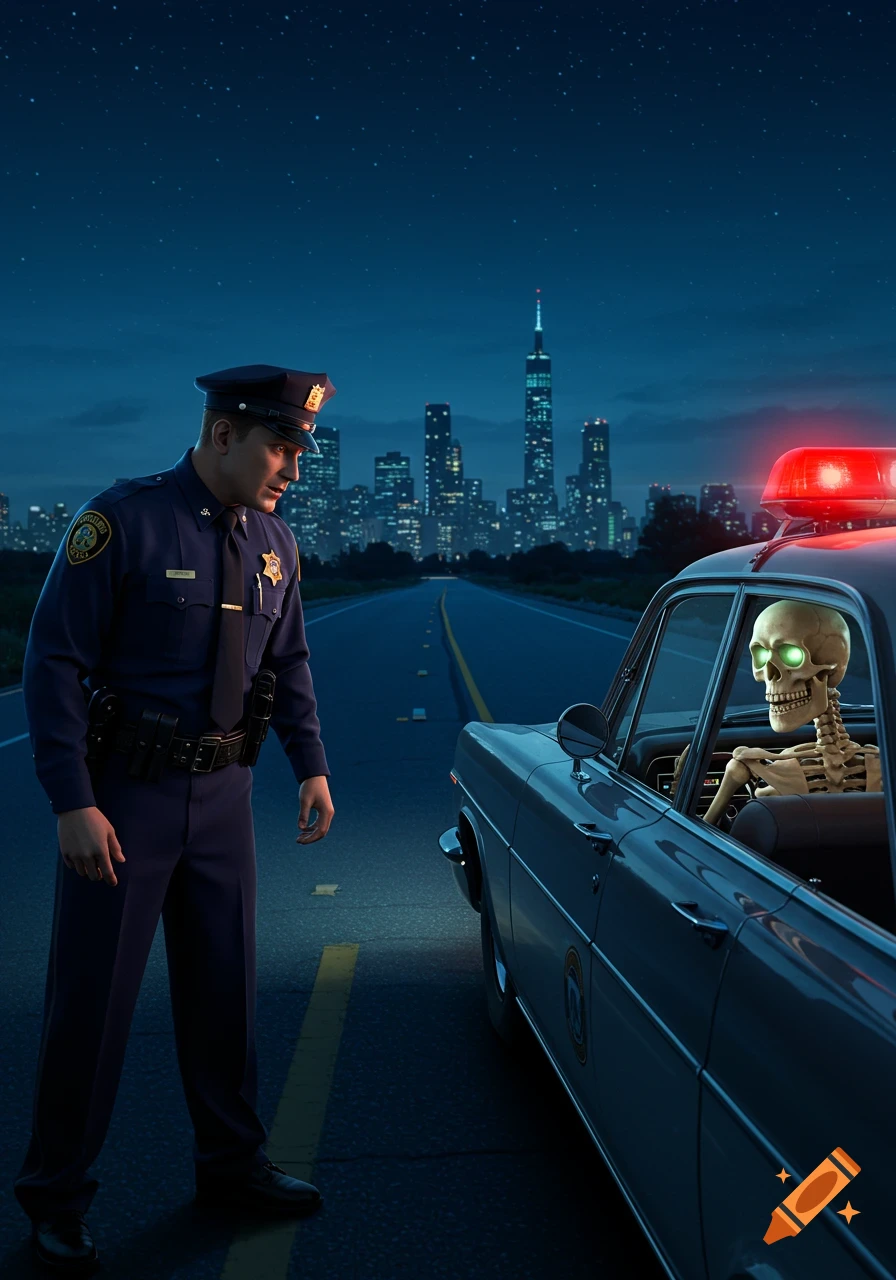 A police officer stands next to a car with a skeleton driver, under a night sky with a city skyline.