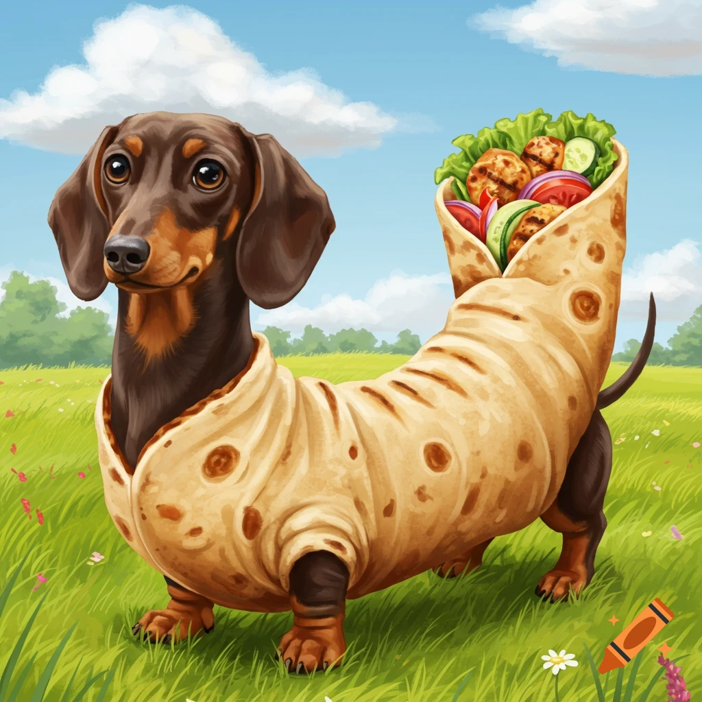 Cartoon dachshund with its body as a kebab roll filled with meat and vegetables, standing in a green field.