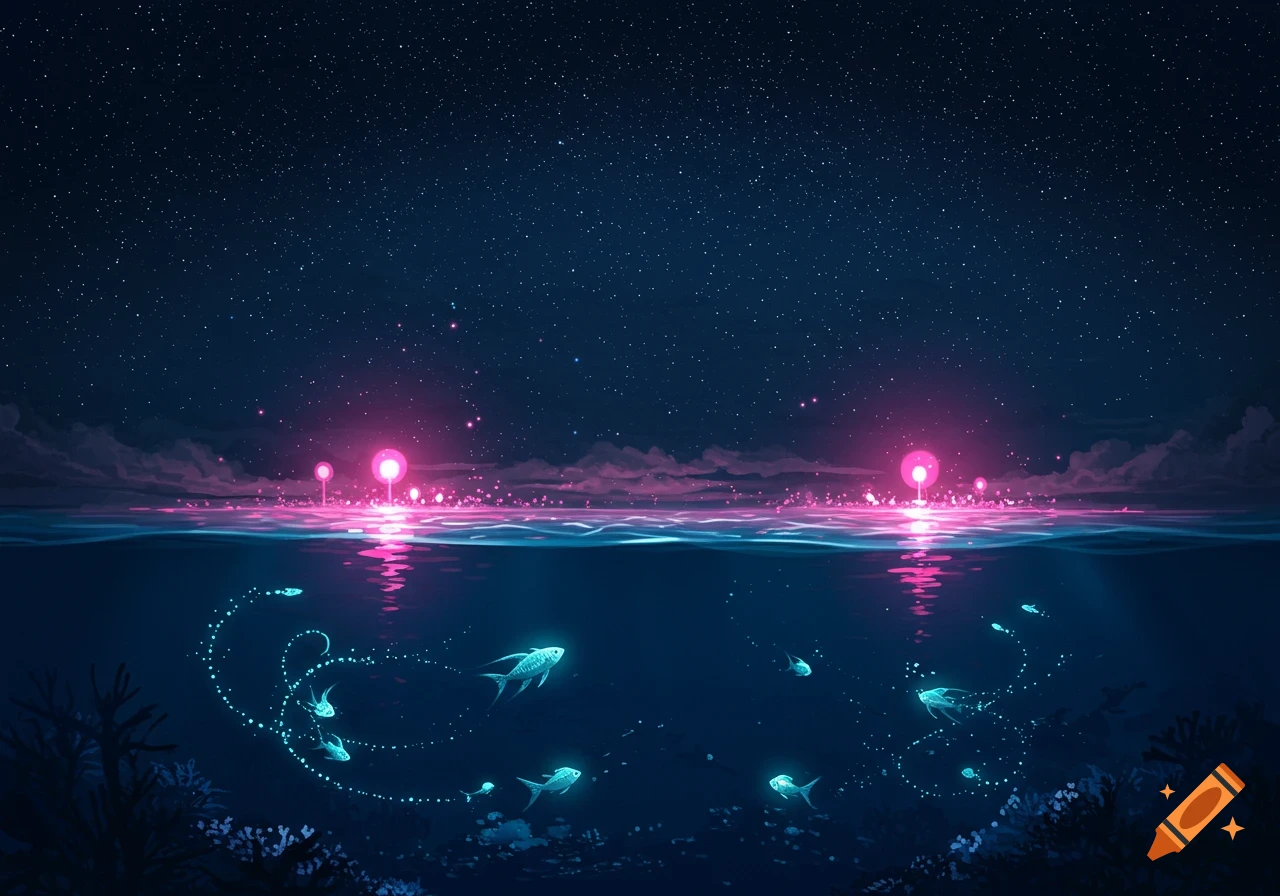 A dark blue ocean scene at night with glowing fish underwater and a starry sky above, reflecting pink city lights on the horizon.