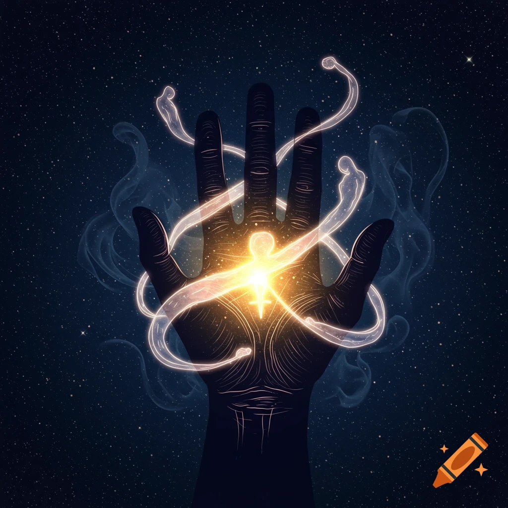 A stylized hand holds a glowing female symbol surrounded by light trails and smoke against a starry night sky.