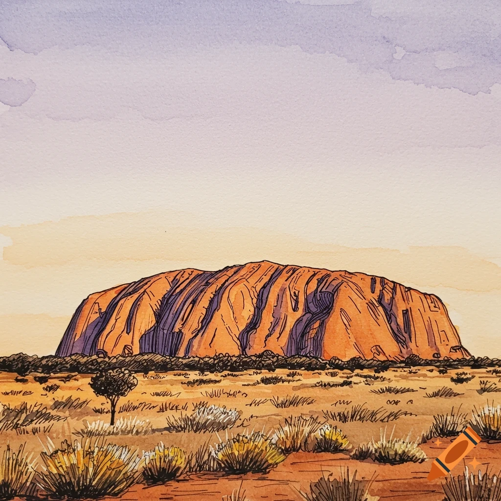 Pen and watercolor illustration of Uluru (Ayers Rock) at sunset, with sparse desert foliage.