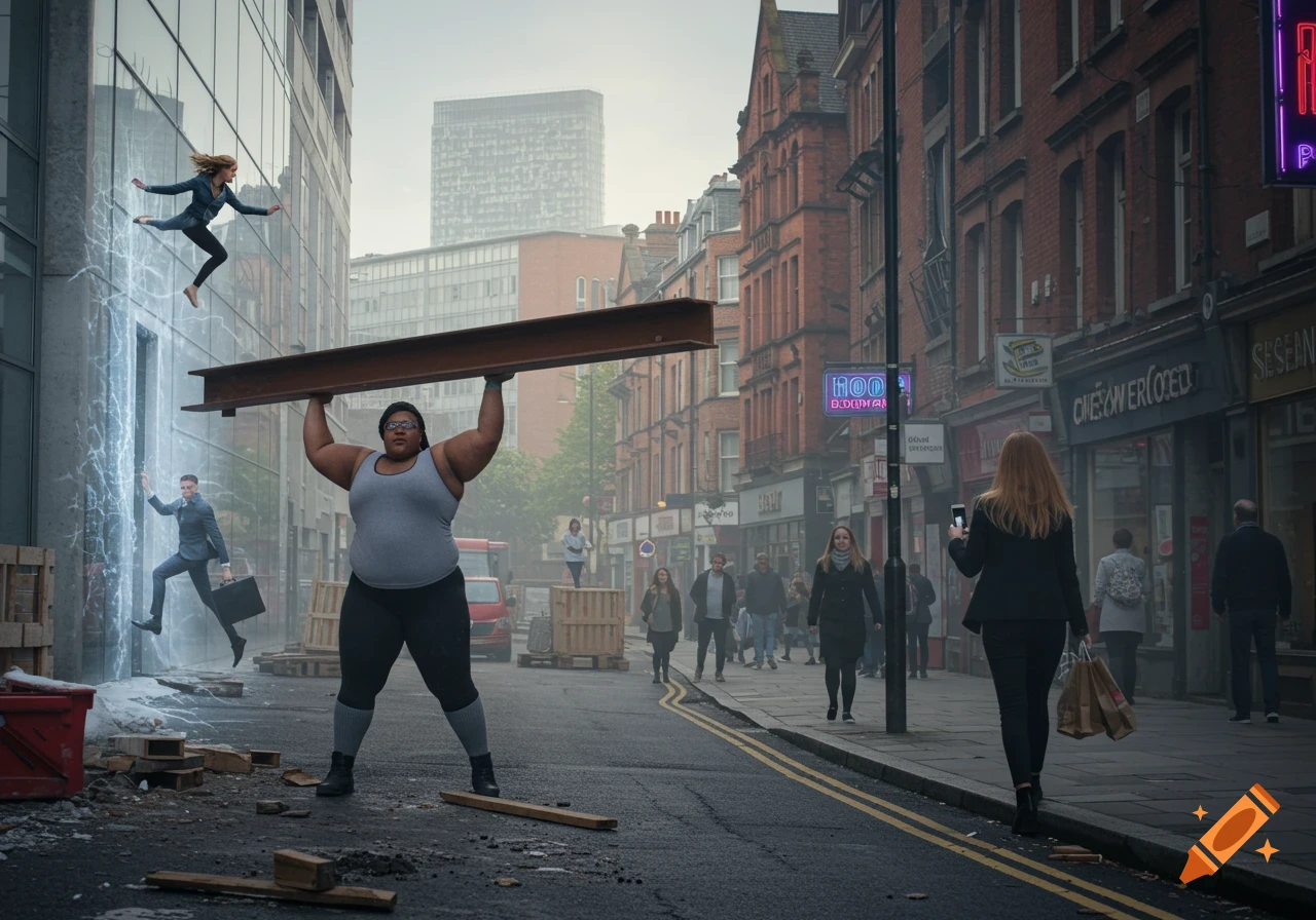 A super-strong woman lifts a large steel girder in the middle of a busy city street, while others use powers like phasing through walls and leaping.