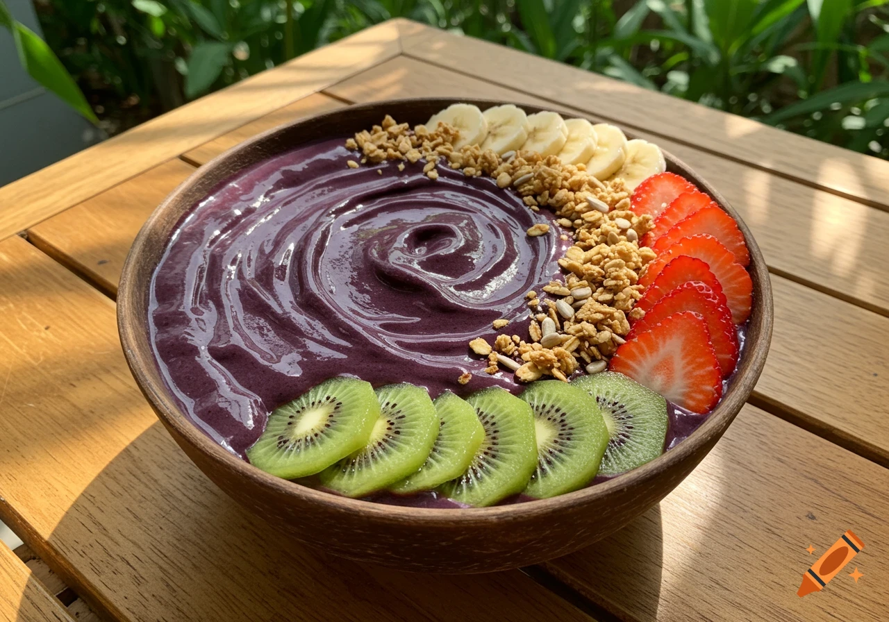 A vibrant acai smoothie bowl topped with sliced kiwi, strawberries, banana, and granola on a wooden table outdoors.