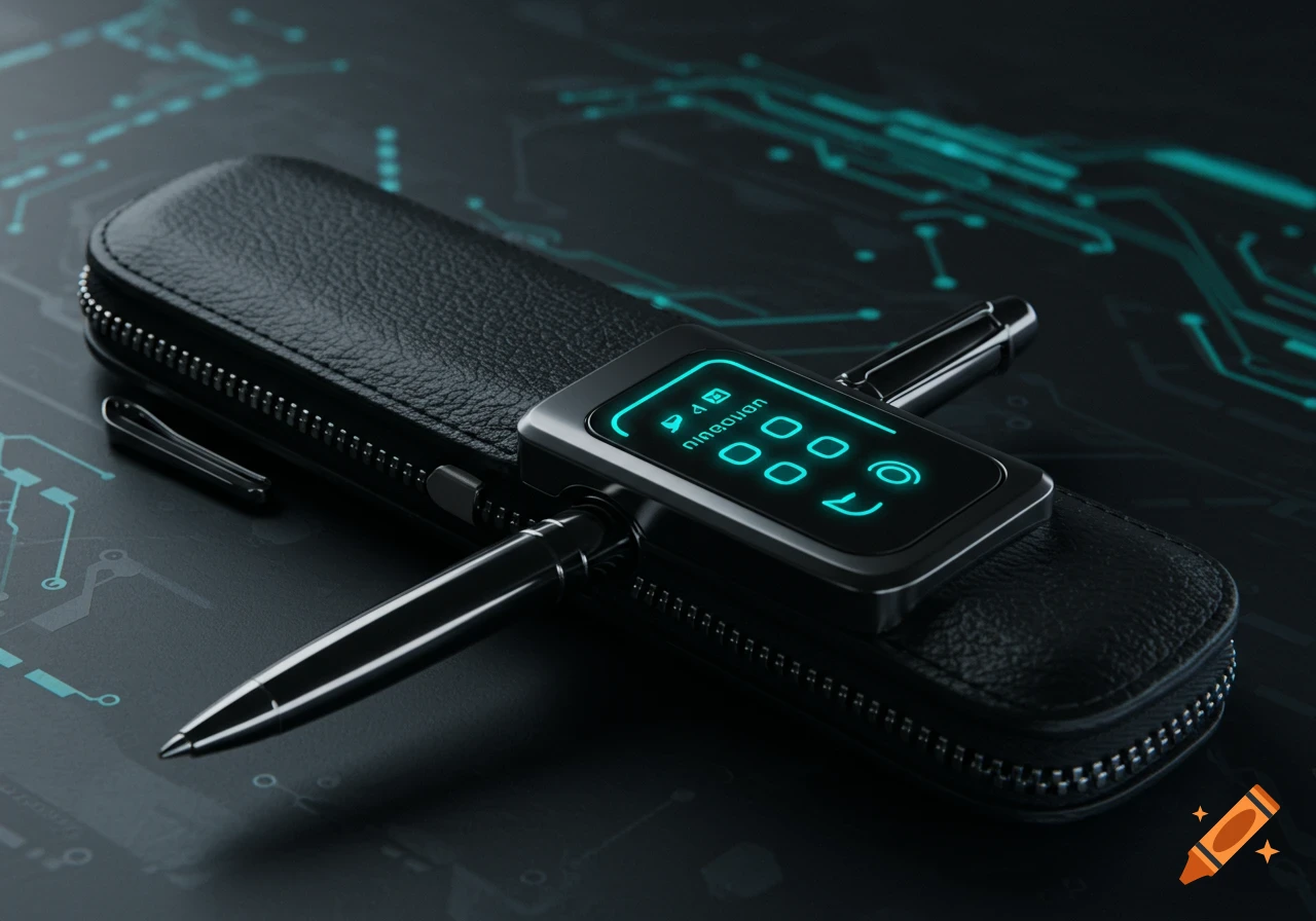 A black leather case holds a black pen and a digital device with a glowing teal screen, on a dark circuit board background.