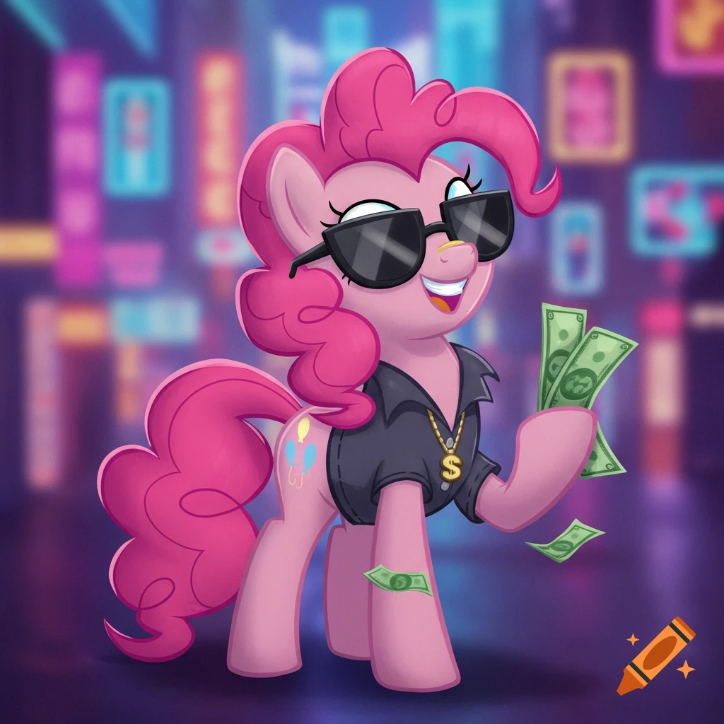Pinkie Pie from My Little Pony, wearing black sunglasses and a dark shirt with a dollar sign necklace, holding and dropping money bills, in a vibrant neon cityscape.