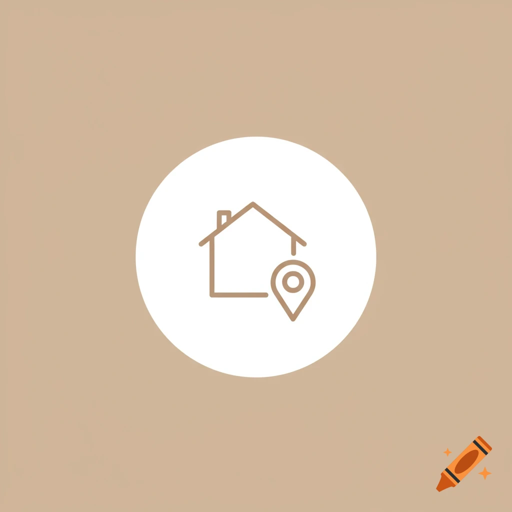 Minimalist icon of a house with a location pin inside a white circle on a beige background.