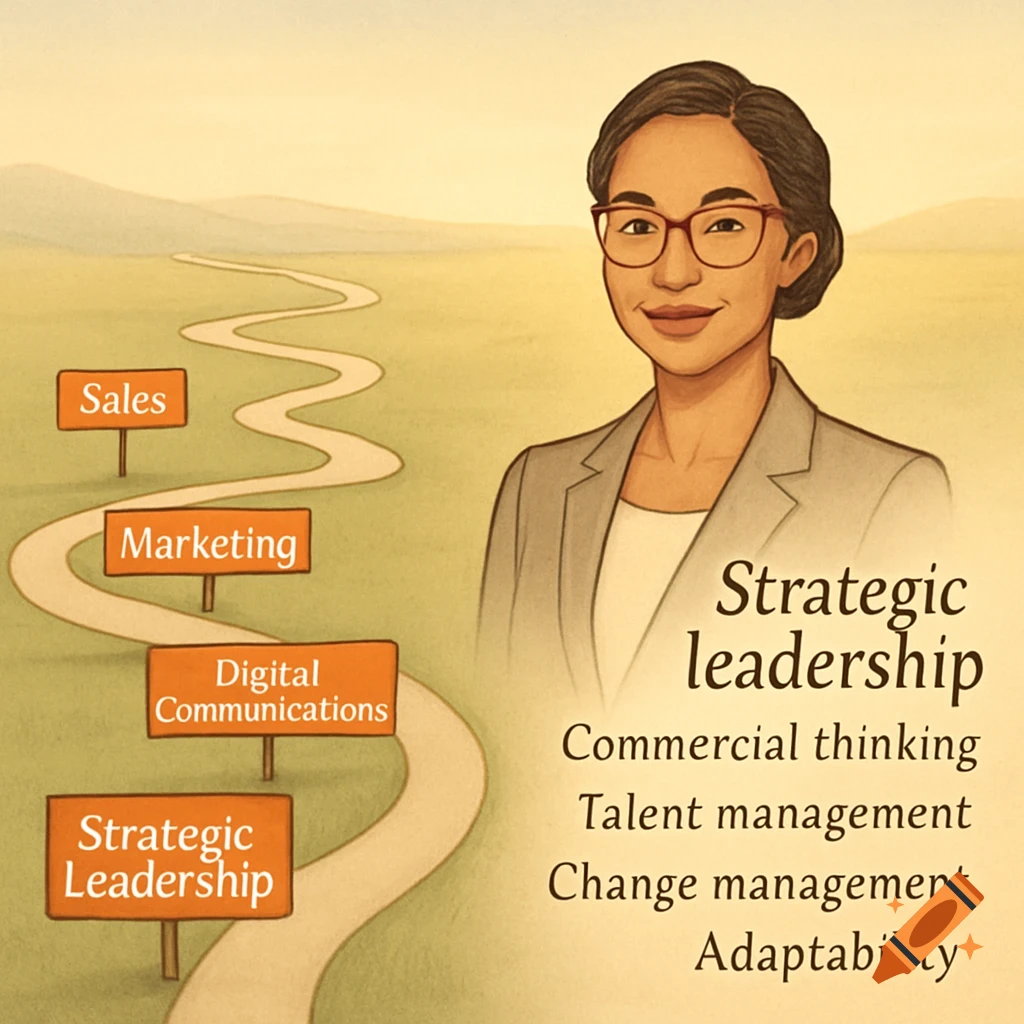 Illustration of a professional woman, a winding path with career signs like Sales, Marketing, and Strategic Leadership, and leadership attributes.