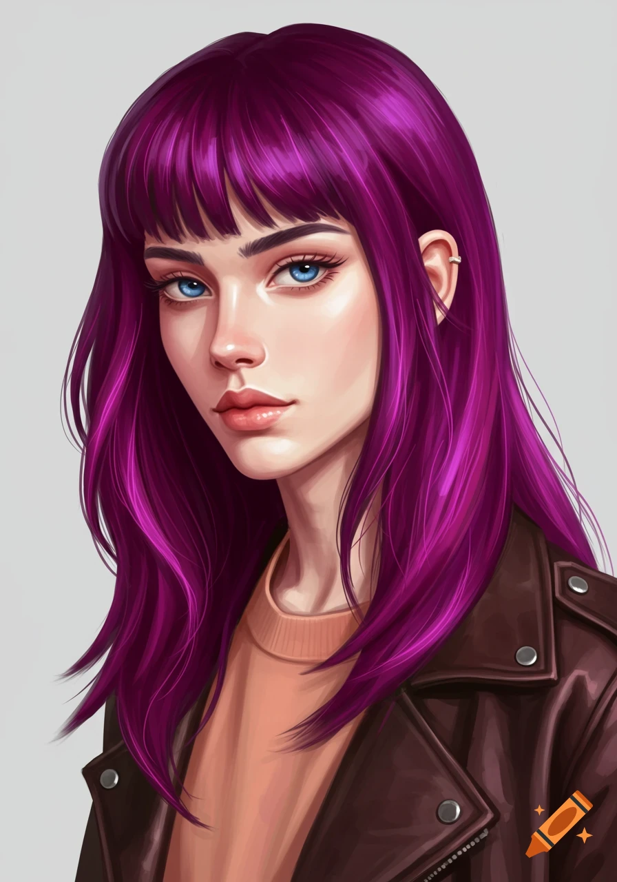 Digital painting of a woman with long purple hair, bangs, light blue eyes, fair skin, wearing an orange shirt and a brown leather jacket.
