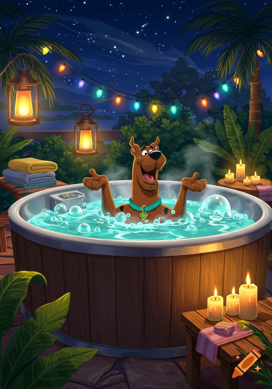 Scooby Doo relaxing in a bubbling hot tub at night, surrounded by tropical plants, lanterns, and string lights.