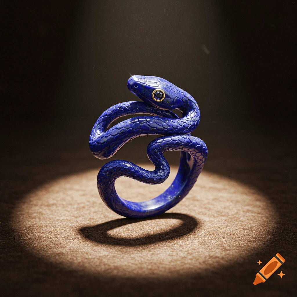 A detailed lapis lazuli ring shaped like a coiled snake with golden eyes, spotlit on a dark, textured surface.