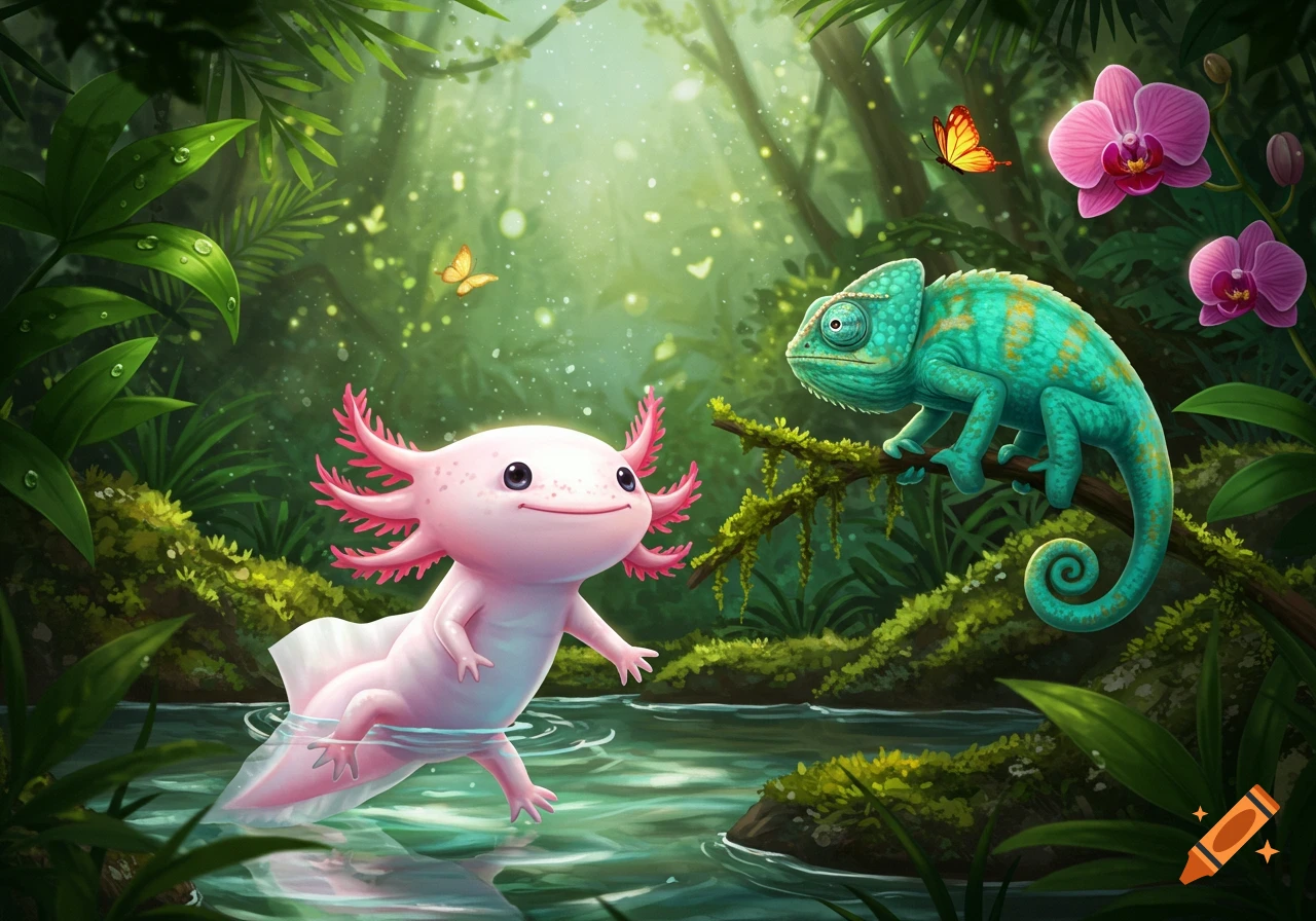 Whimsical illustration of a pink axolotl in water looking at a teal chameleon on a mossy branch in a lush jungle.