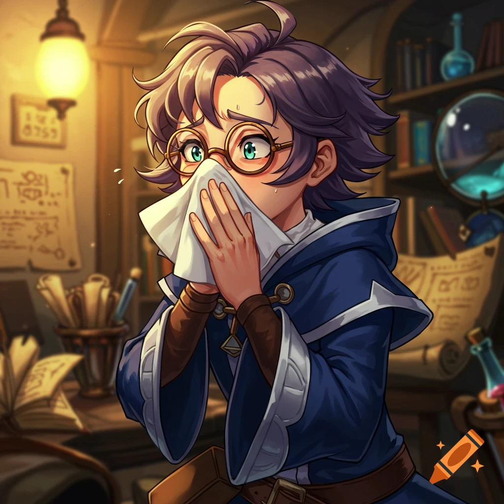 A young anime wizard with glasses sneezes into a tissue in a magical study.